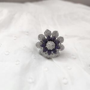 Adjustable Double layered 3d Cubic Zirconia Flower Ring Purple
