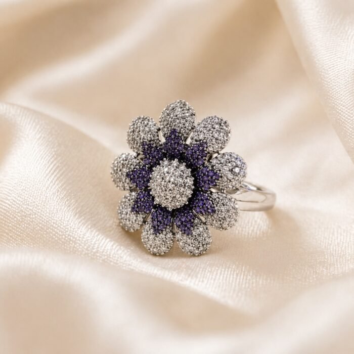 Adjustable Double layered 3d Cubic Zirconia Flower Ring-01