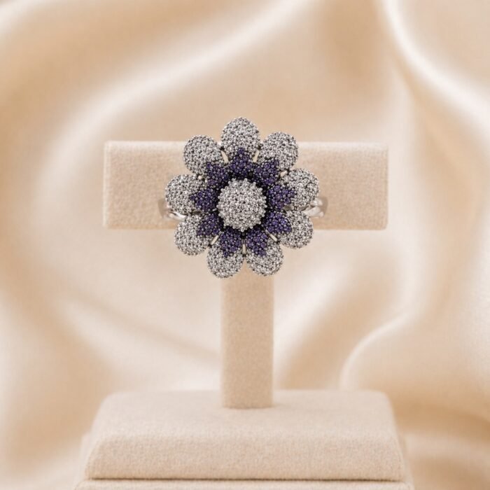 Adjustable Double layered 3d Cubic Zirconia Flower Ring-02