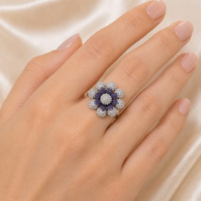 Adjustable Double layered 3d Cubic Zirconia Flower Ring-03