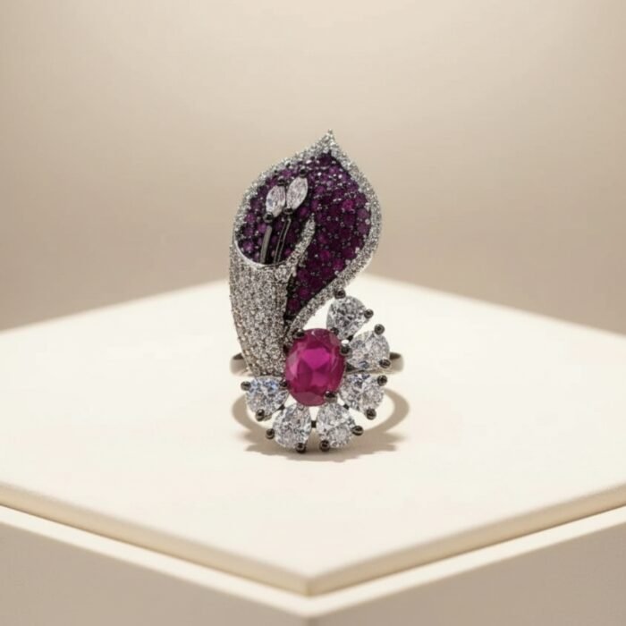 Adjustable Ruby Floral Statement Ring-03