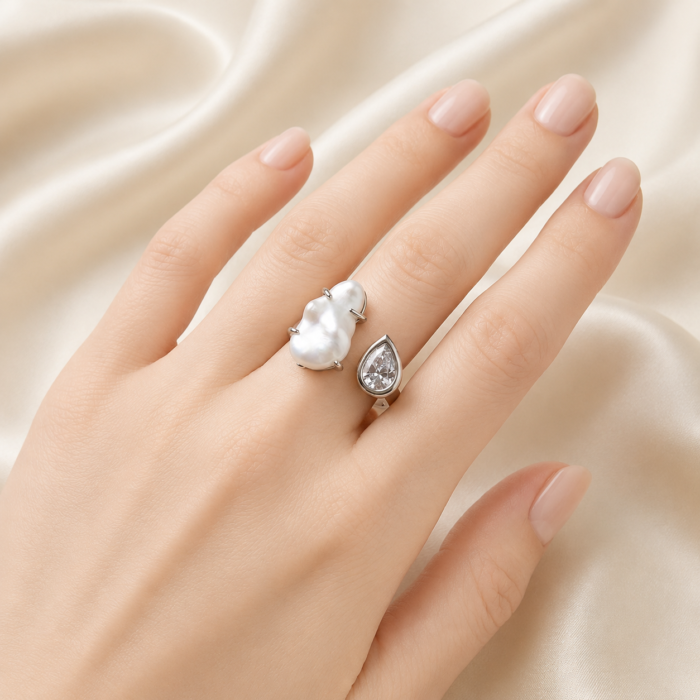 Dual Pearl CZ Detail Partially Open Statement Ring-025
