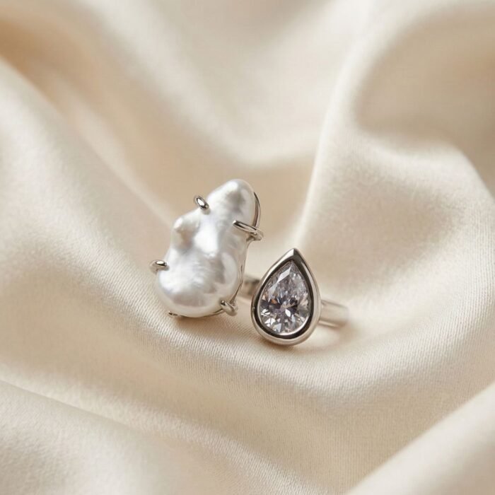 Dual Pearl CZ Detail Partially Open Statement Ring -01