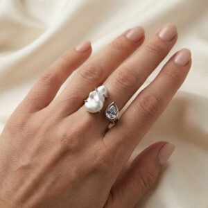 Dual Pearl CZ Detail Partially Open Statement Ring-02