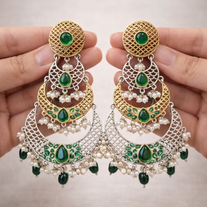 Chanda Antique Finish Kundan Polki Chandbali -01 (1)
