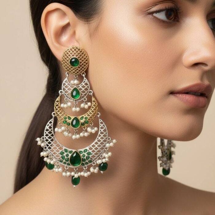 Chanda Antique Finish Kundan Polki Chandbali-04