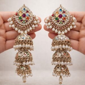Jadau Triple Layer Navratna Jhumka