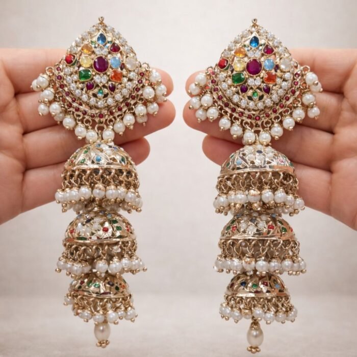 Jadau Triple Layer Navratna Jhumka-01