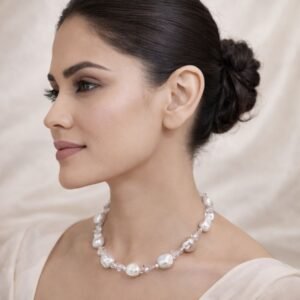 Precious Baroque Pearl with Rose Quartz and Crystal Setting Necklace-02