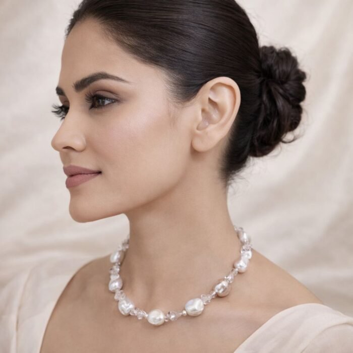 Precious Baroque Pearl with Rose Quartz and Crystal Setting Necklace-02 Precious Baroque Pearl with Rose Quartz and Crystal Setting Necklace-02