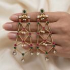 Superlight Geometric Kundan Drop Earrings with Pearl Accents-01