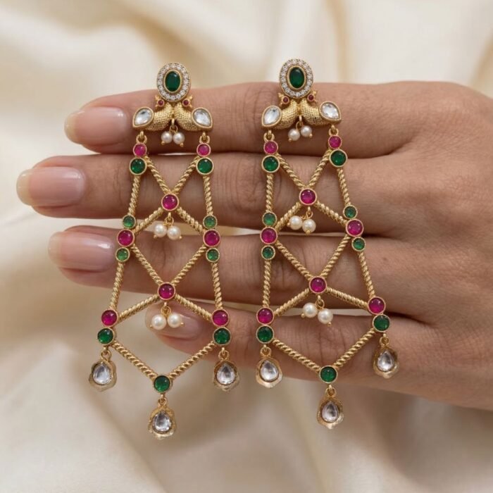 Superlight Geometric Kundan Drop Earrings with Pearl Accents-01