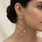 Superlight Geometric Kundan Drop Earrings with Pearl Accents-02