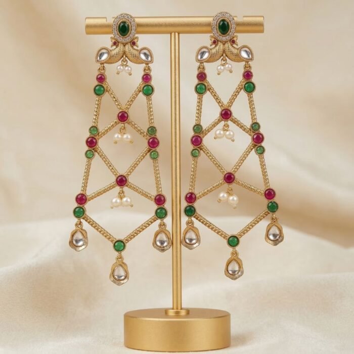 Superlight Geometric Kundan Drop Earrings with Pearl Accents-03