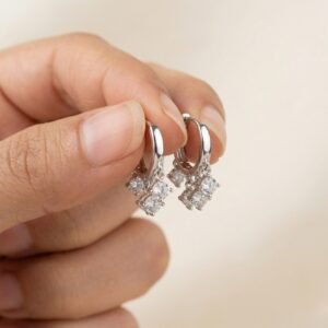 Silver Ear Hoops with Crystal Drops