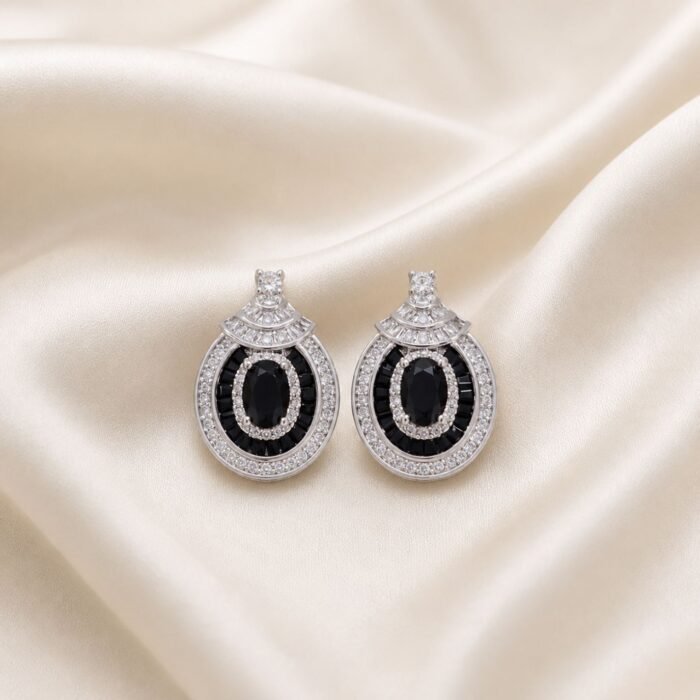 Black Zirconia Oval Stud Earrings-01