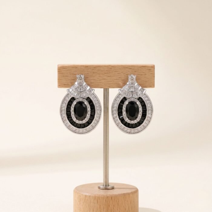 Black Zirconia Oval Stud Earrings-04