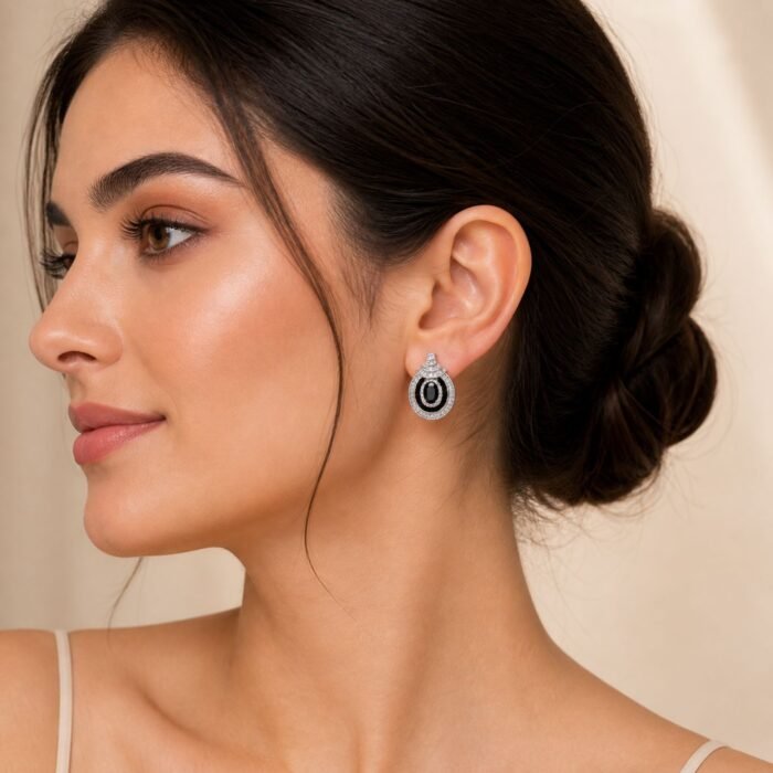 Black Zirconia Oval Stud Earrings-05