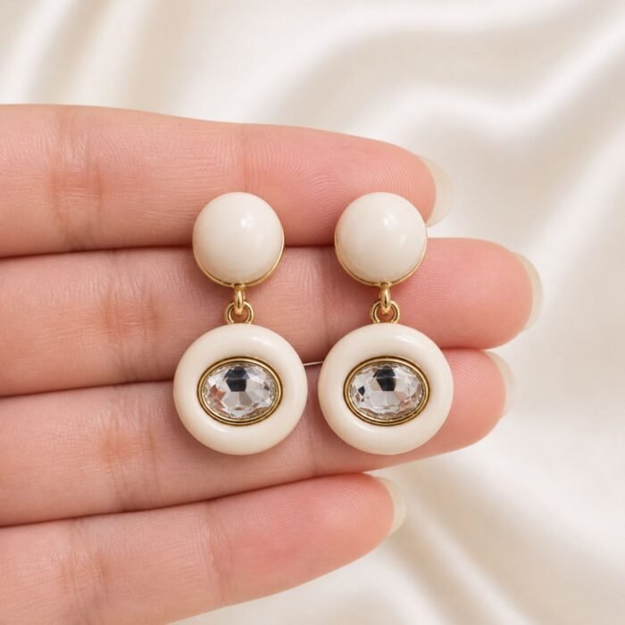 Cream Enamel Crystal Drop Earrings-03