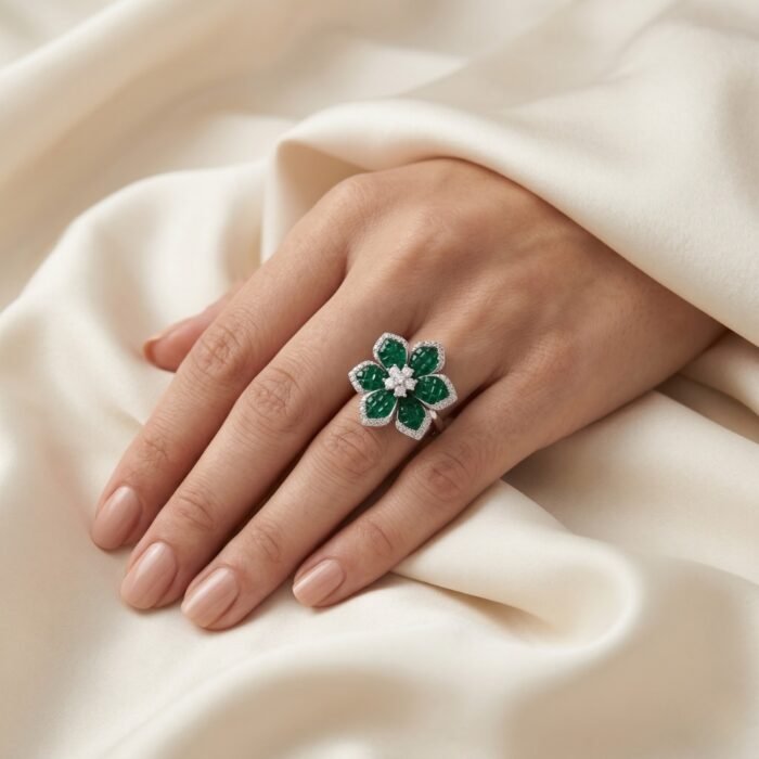 Diana Invisible Setting Ruby Red Floral Ring- Green-02