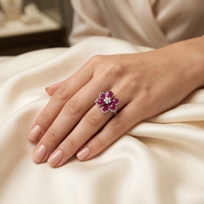 Diana Invisible Setting Ruby Red Floral Ring- Pink-02