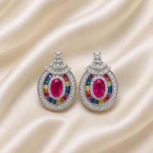Silver Tone Rainbow Oval Stud Earrings