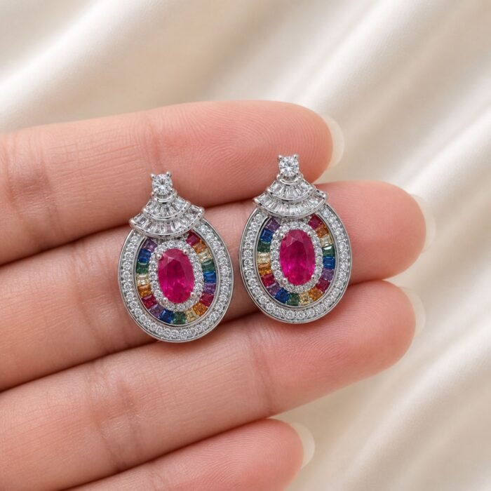 Silver Tone Rainbow Oval Stud Earrings-02