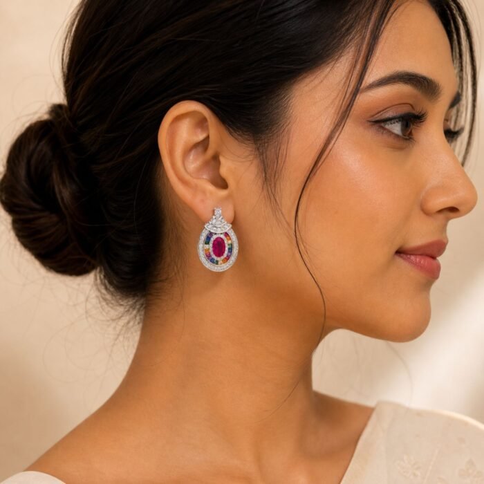 Silver Tone Rainbow Oval Stud Earrings-04