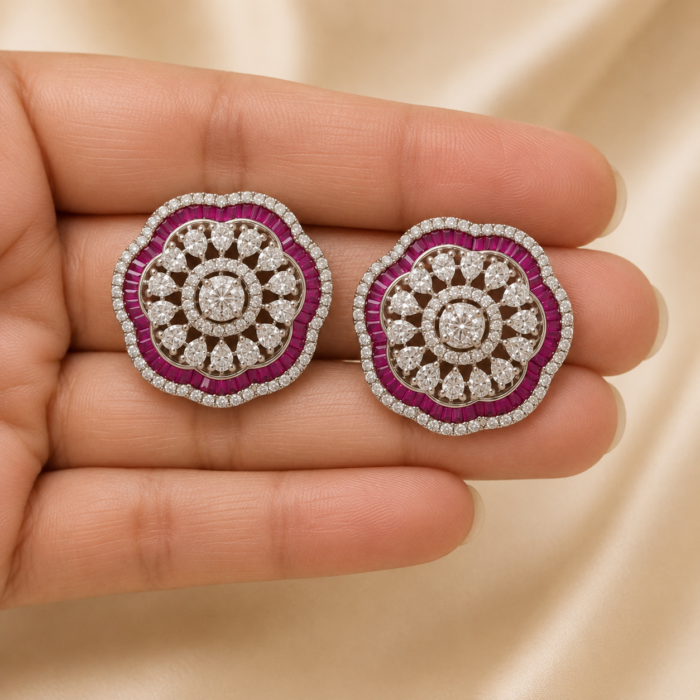 Floral Diamond studs with pink stones01