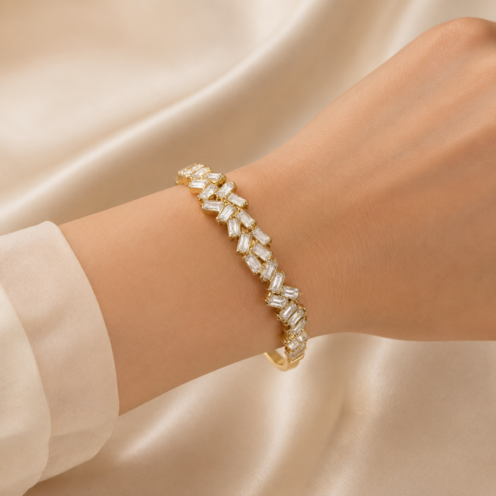 316L Stainless Steel Bangle Bracelet with Crystal Stones, Elegant Zigzag Design 1499-3